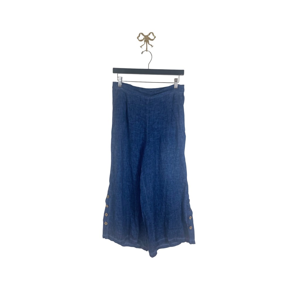 Inizio Italy Blue Linen Wide Leg Crop Pants Button Hem Size Medium